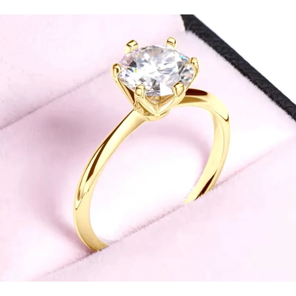 NEW 2 Ct Solitaire Simulated Diamond 14k Gold Plated S925‎ Engagement Ring